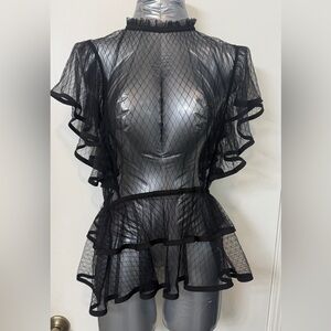 Elegant Sheer Black Mesh Peplum Top w/ Ruffle Sleeves